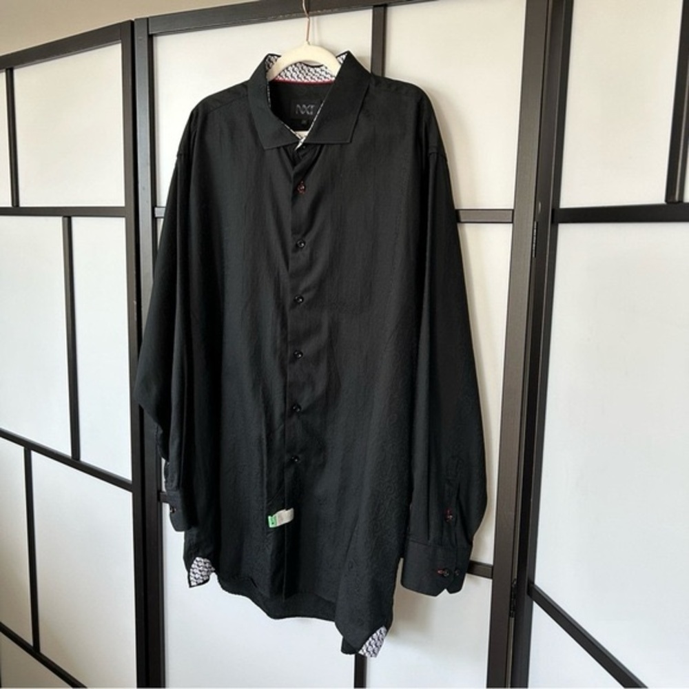 NXT Mens Black on Black Pattern Formal Cotton Button Down Dress Shirt